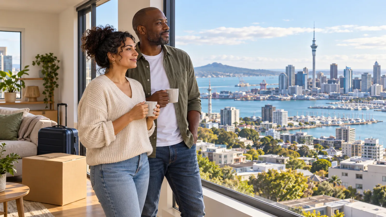 Un couple, tasse à la main, contemple Auckland depuis un appartement lumineux, près d’une valise et d’un carton.