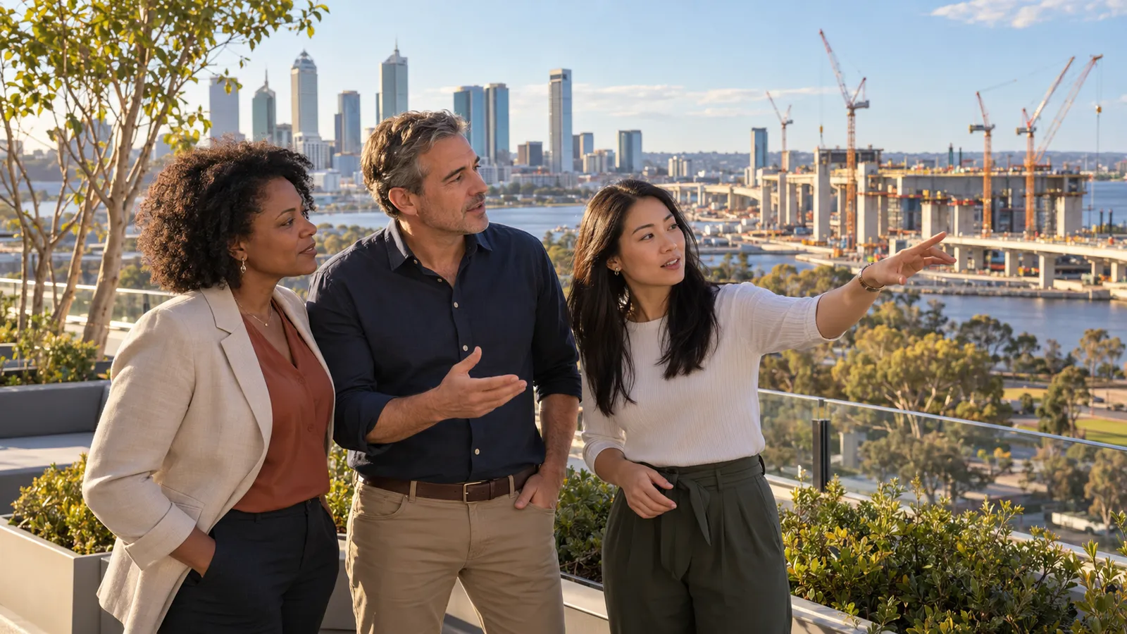 Trois collègues discutent sur une terrasse à Perth, face aux immeubles de la ville et à un chantier équipé de grues.