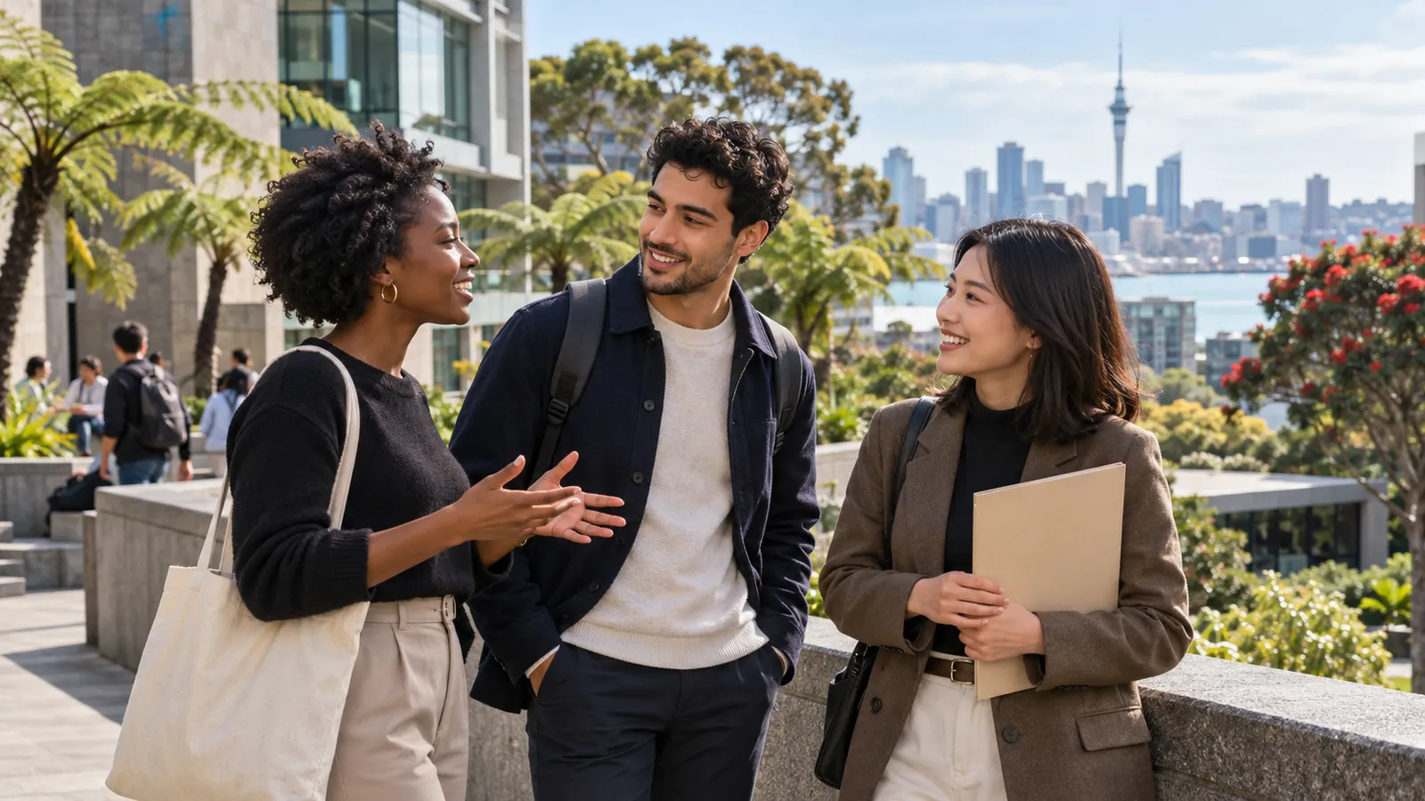 Trois jeunes adultes discutent sur un campus verdoyant à Auckland, avec la Sky Tower en arrière-plan.