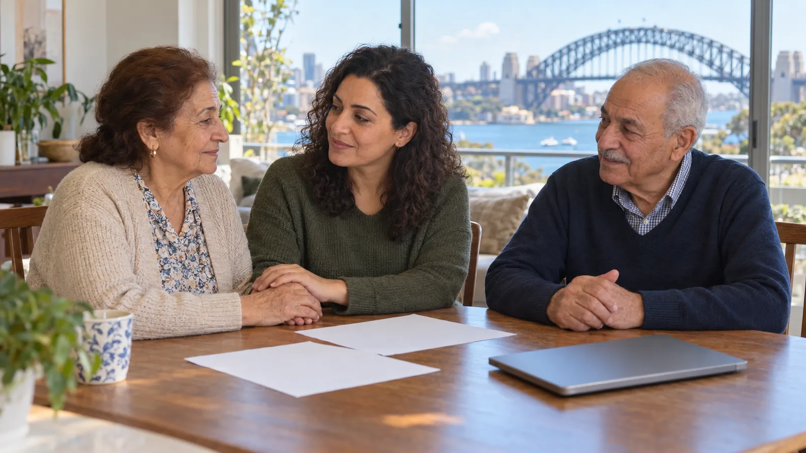 Une femme échange avec ses parents âgés autour d’une table, devant une fenêtre donnant sur le pont du port de Sydney.