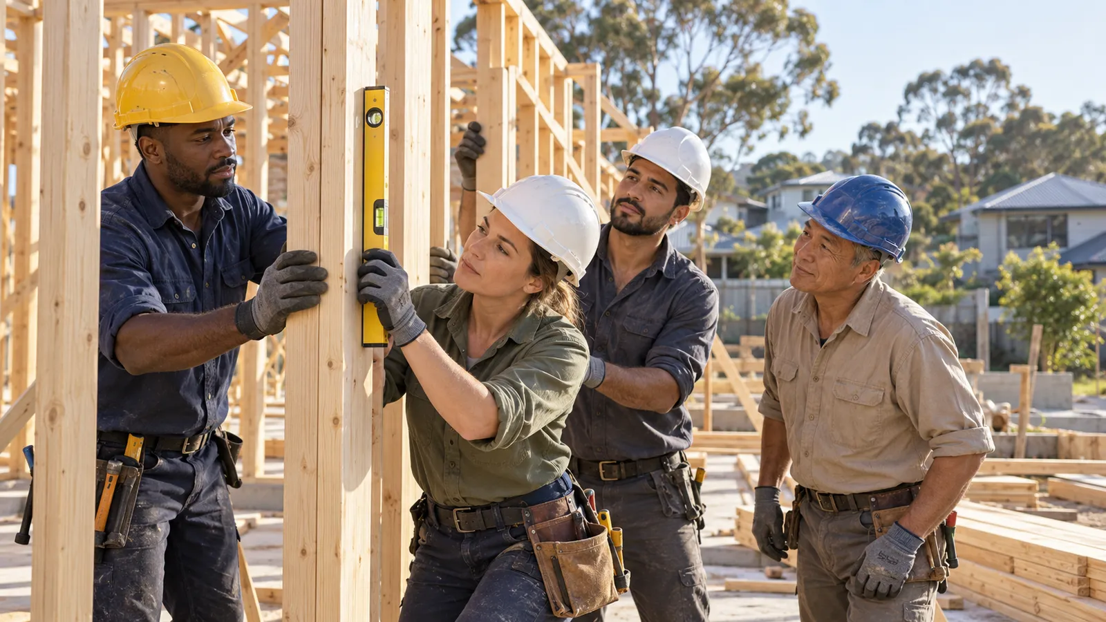 Quatre professionnels du bâtiment ajustent une ossature en bois sur un chantier résidentiel en Australie.
