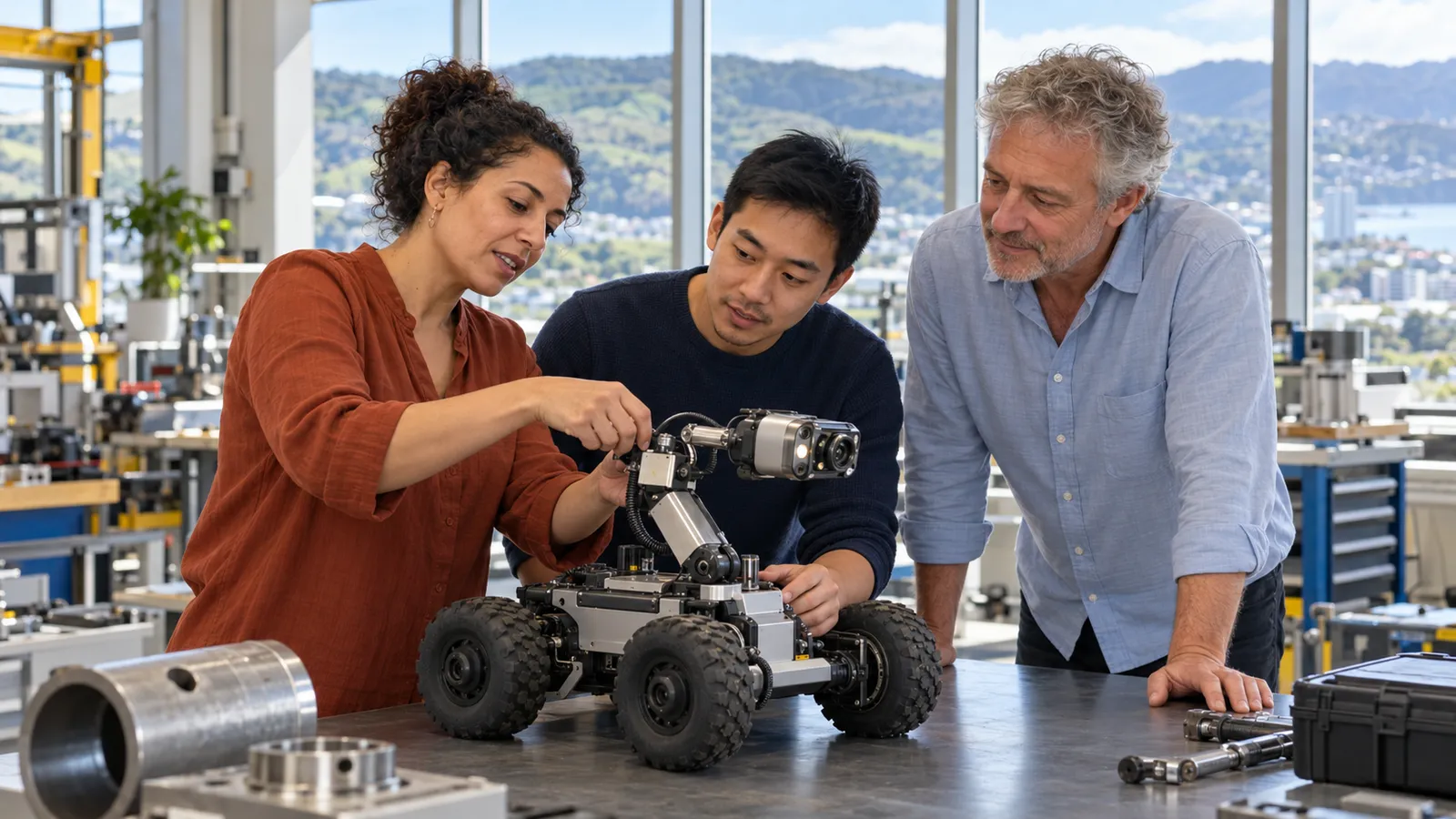Trois collègues ajustent ensemble un robot d’inspection dans un atelier lumineux donnant sur les collines de Nouvelle-Zélande.