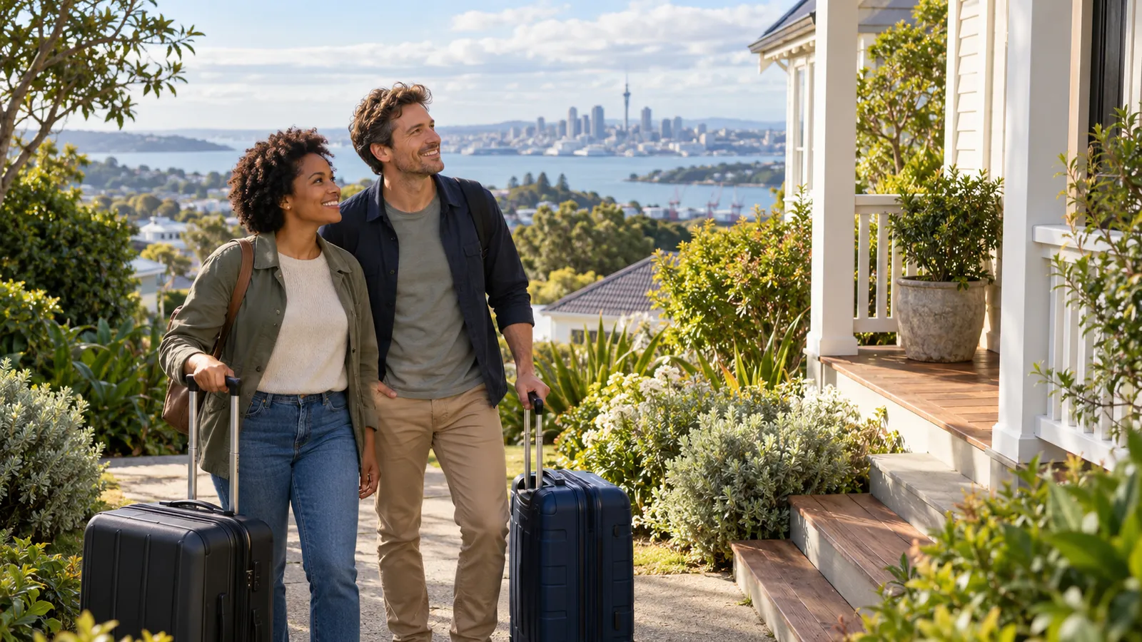 Un couple souriant arrive avec ses valises devant une maison, avec la baie d’Auckland et la Sky Tower en arrière-plan.