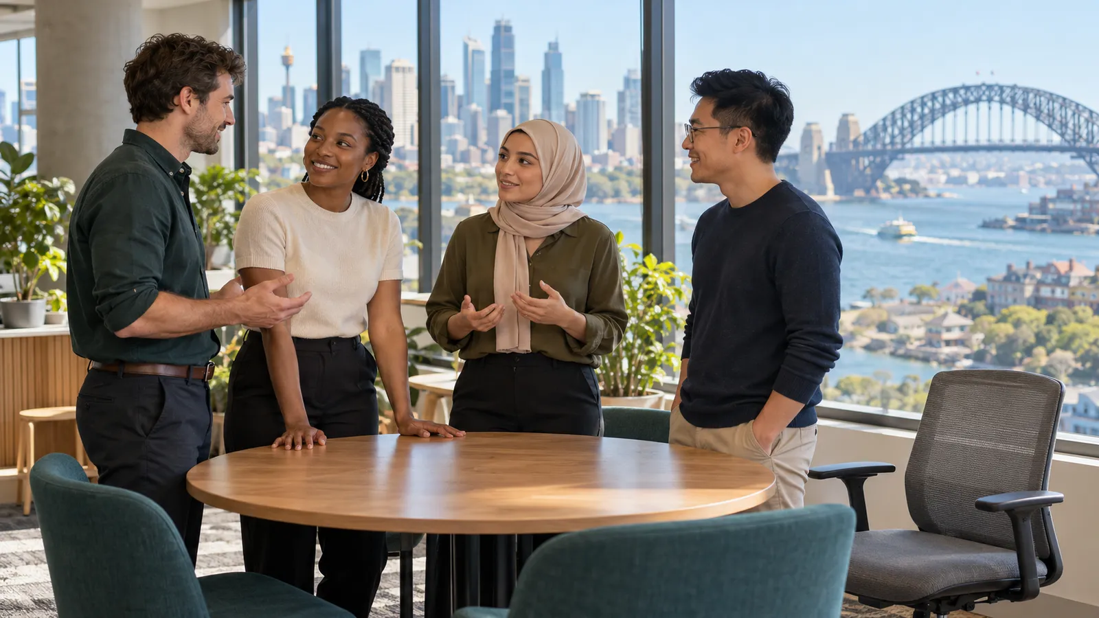 Quatre collègues discutent autour d’une table dans un bureau lumineux, avec le port et le pont de Sydney en arrière-plan.