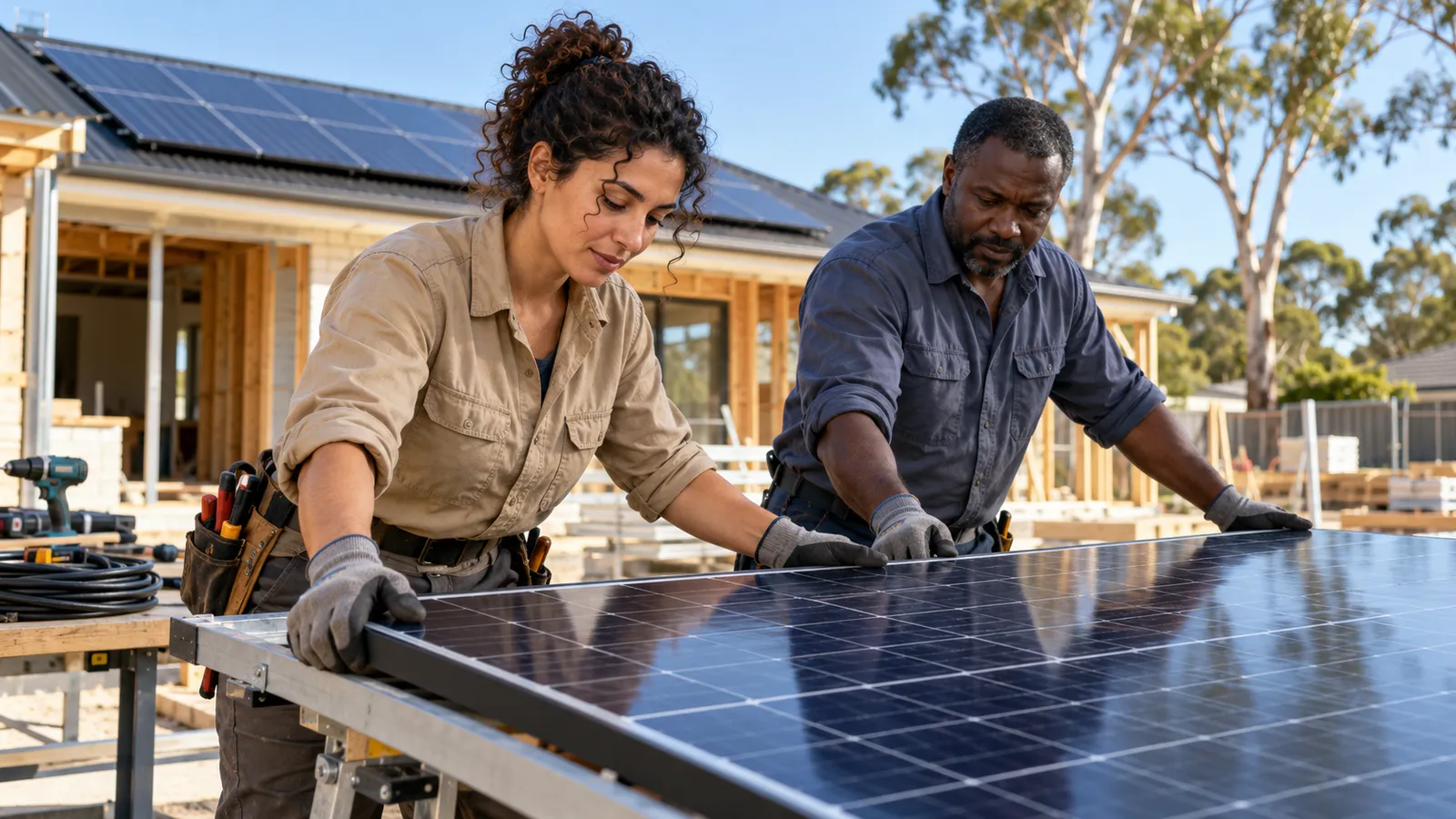 Une femme et un homme ajustent un panneau solaire sur un chantier résidentiel en Australie.