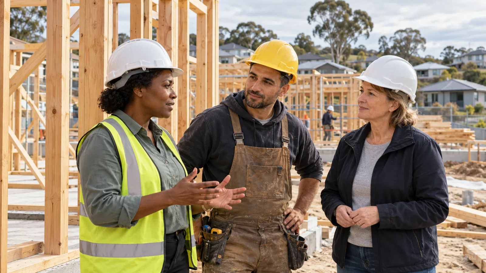 Deux femmes et un homme portant des casques échangent sur un chantier de maisons à ossature bois en Australie.