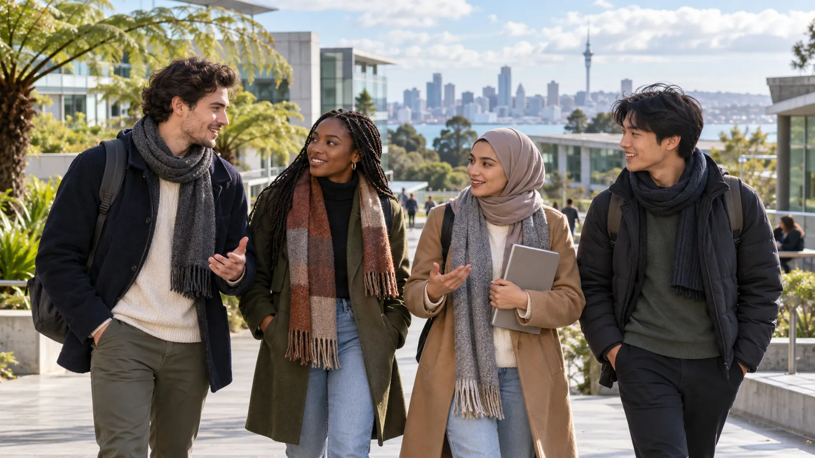 Quatre étudiants discutent sur un campus verdoyant d’Auckland, avec la silhouette de la ville en arrière-plan.