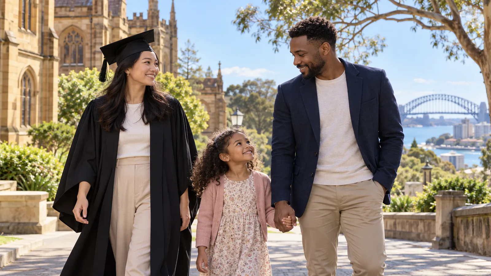 Une jeune diplômée en toge marche avec son conjoint et leur fille sur un campus à Sydney, avec le Harbour Bridge en arrière-plan.