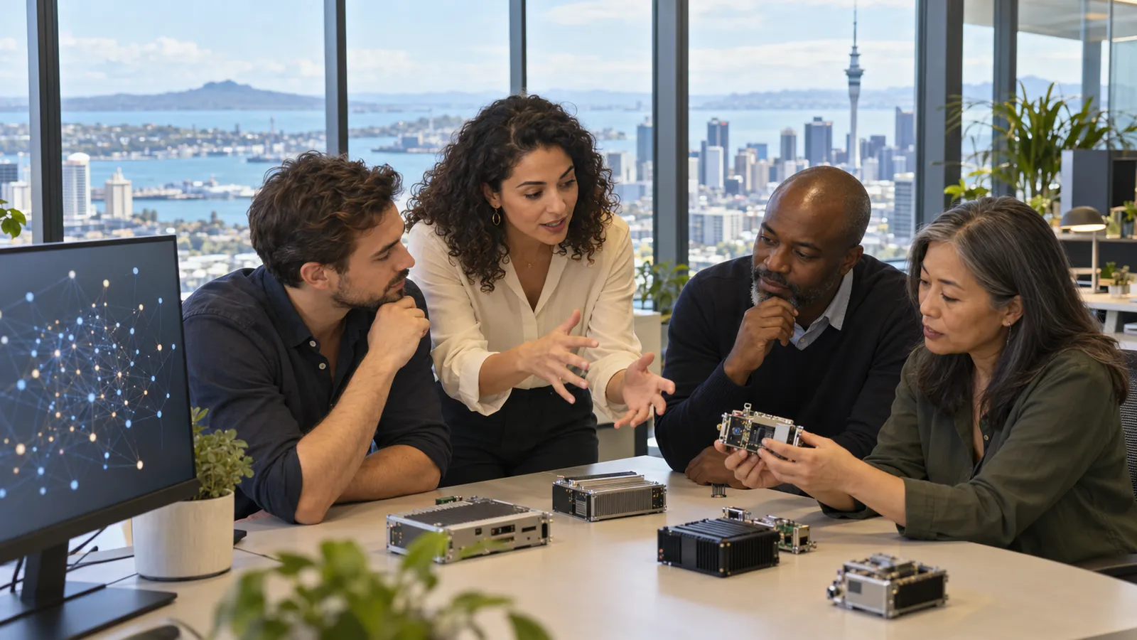 Quatre professionnels examinent des composants électroniques dans un bureau lumineux avec vue sur Auckland et sa Sky Tower.