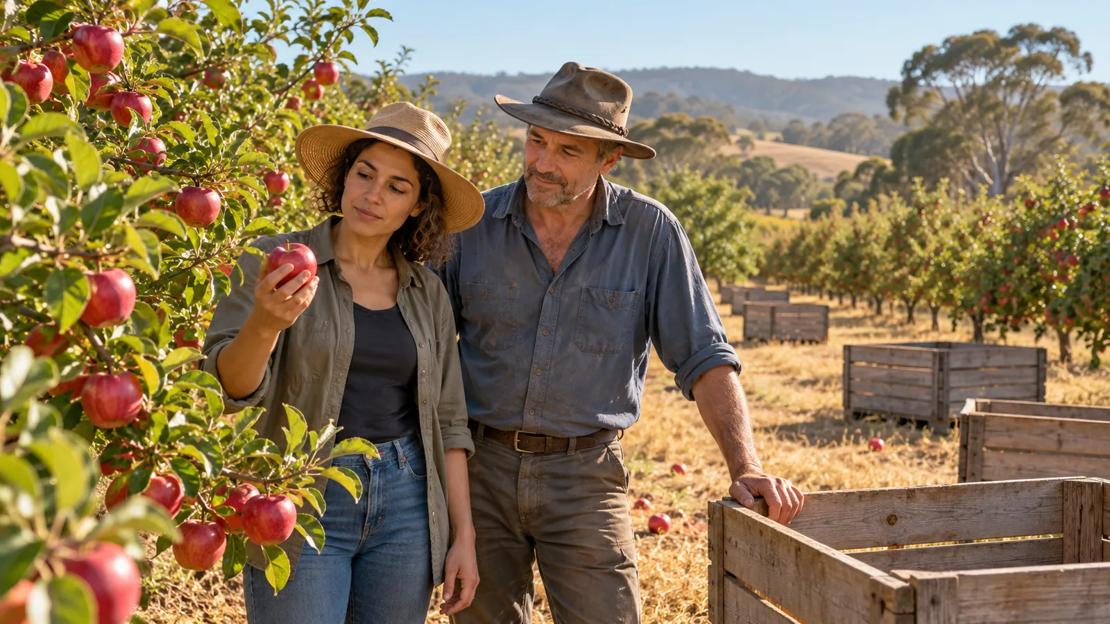 Une femme et un homme examinent une pomme dans un verger australien ensoleillé, près de grandes caisses en bois vides.