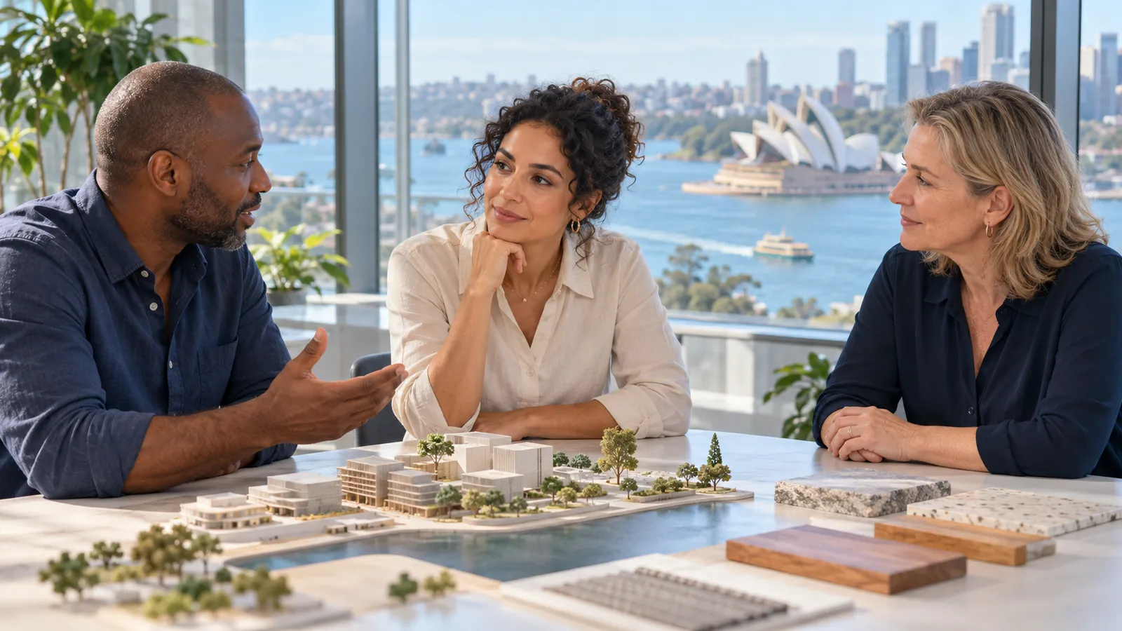 Trois collègues échangent autour d’une maquette dans un bureau lumineux avec vue sur l’Opéra de Sydney.