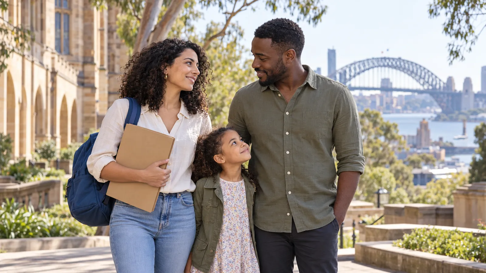 Une étudiante, son compagnon et leur fille sur un campus ensoleillé à Sydney, avec le Harbour Bridge en arrière-plan.